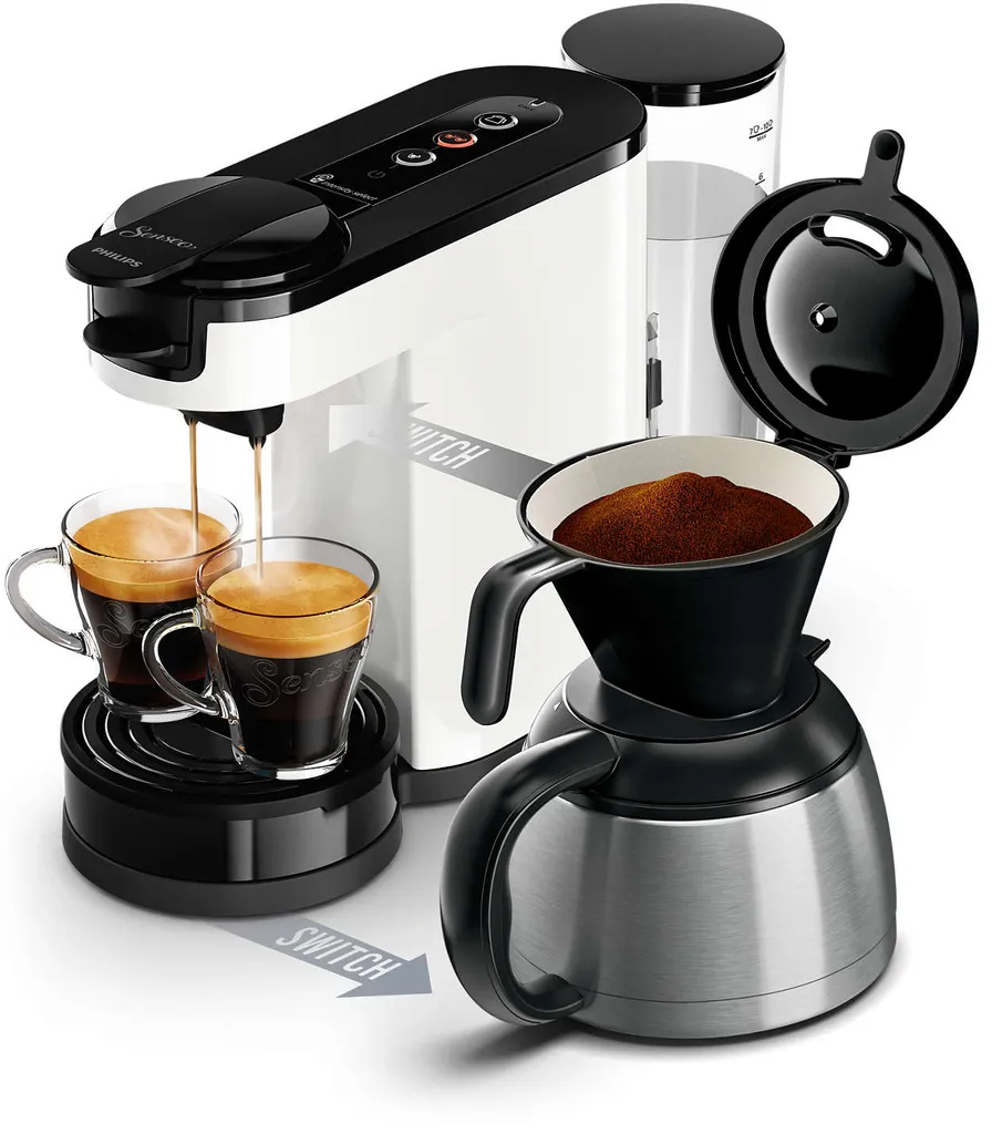 Philips Senseo® Switch 2-in-1 Pad und Filter Kaffeemaschine mit Thermo Kanne + Intensitätsregler, Weiß (HD6592/04)